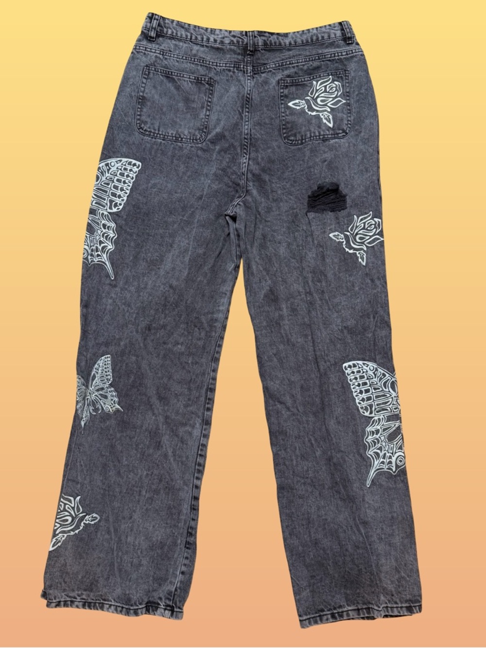 Daisy Street Butterfly Rose Graphic Wide Leg Jeans Gray Acid Wash Distressed XL - Picture 6 of 8